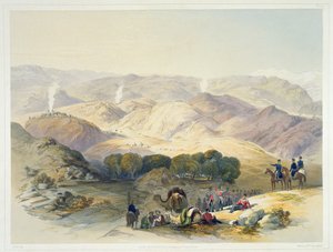 Jugdelluk, o último posto feito pelo exército do general Elphinestone no retiro de Calamitos, placa 21 de "Cenário, habitantes e fantasias do Afeganistão", gravada por Hulme, 1848